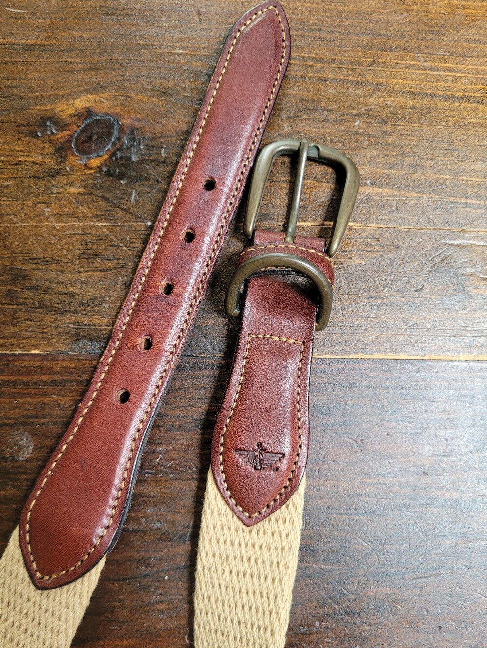 Dockers Belt Brown Tan Leather Woven Canvas Brass Buckle 32